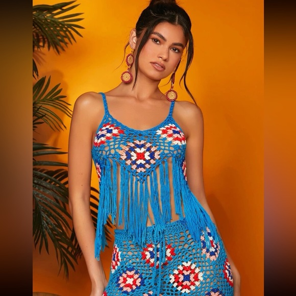 #135 Crochet 2 pieces Floral Patterns Tassel Trim Pointelle Kint Top And Skirt - Picture 3 of 6